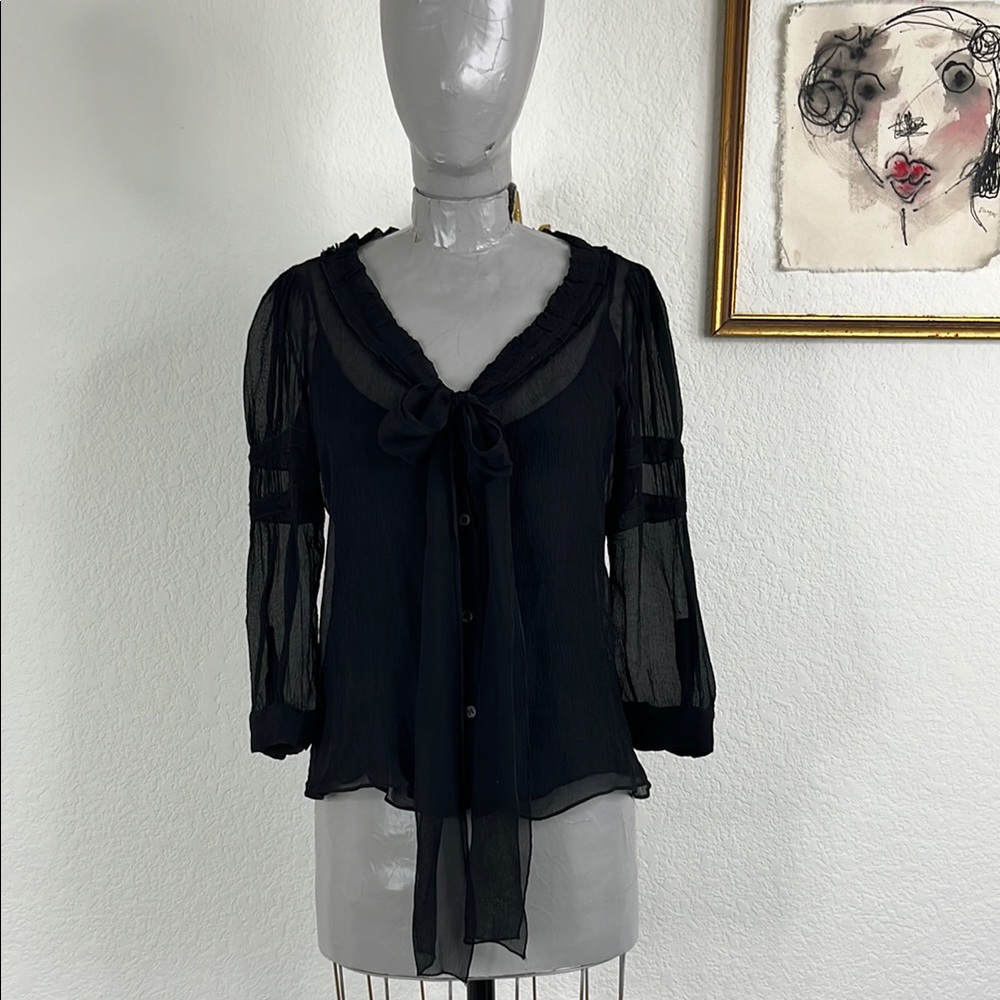Prada Silk Sheer Sailor V Neck Tie Crinkle Blouse Top